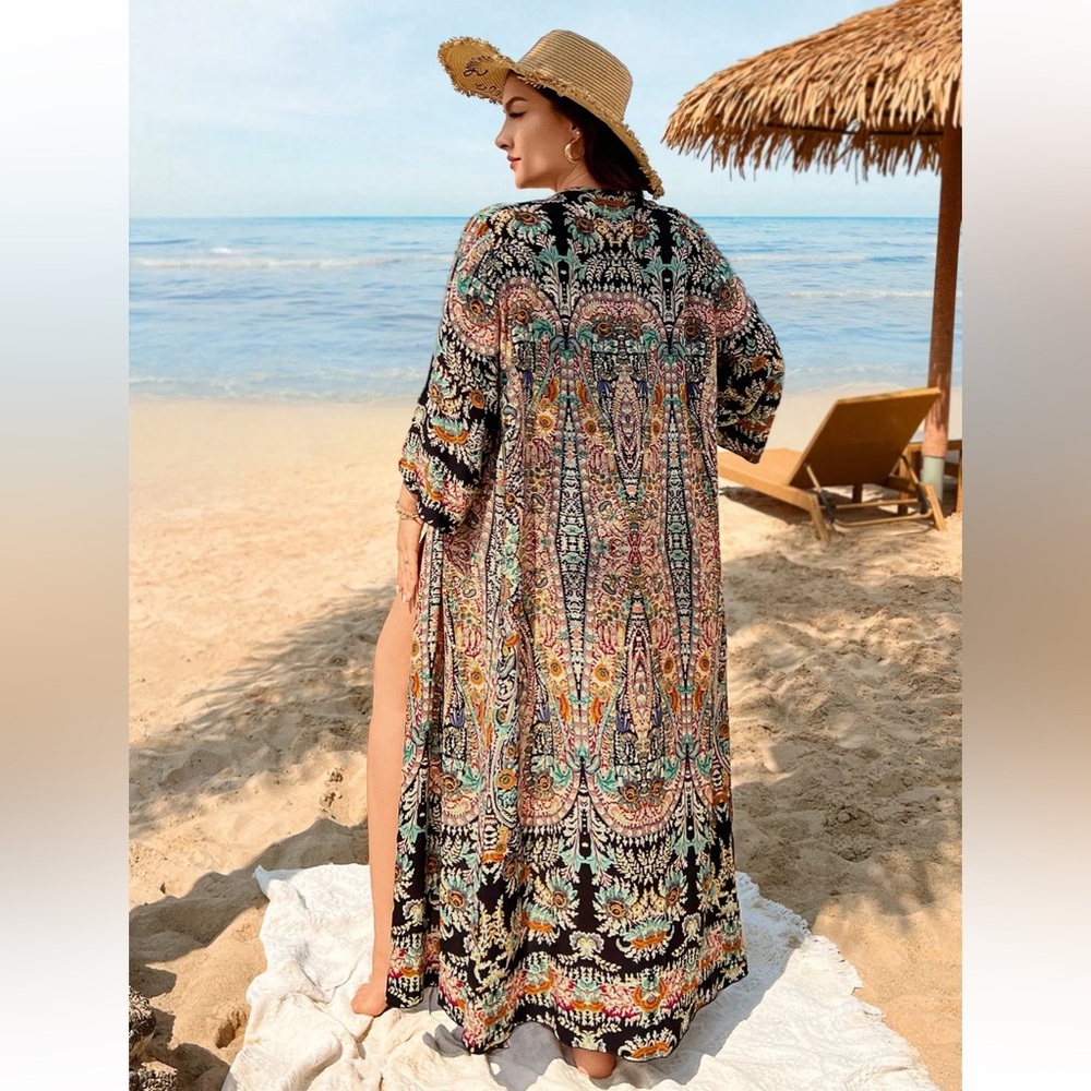 Paisley Floral Long Open Front Swim Cover‎ Kimono 4X